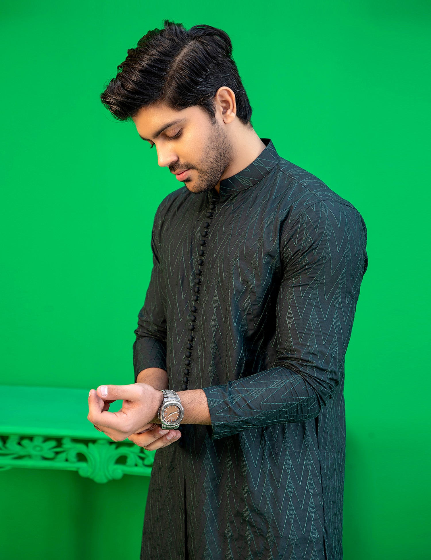 Deep Green Zigzag Embroidered Washing Wear Kurta Pajama (2-Piece) - Image 5