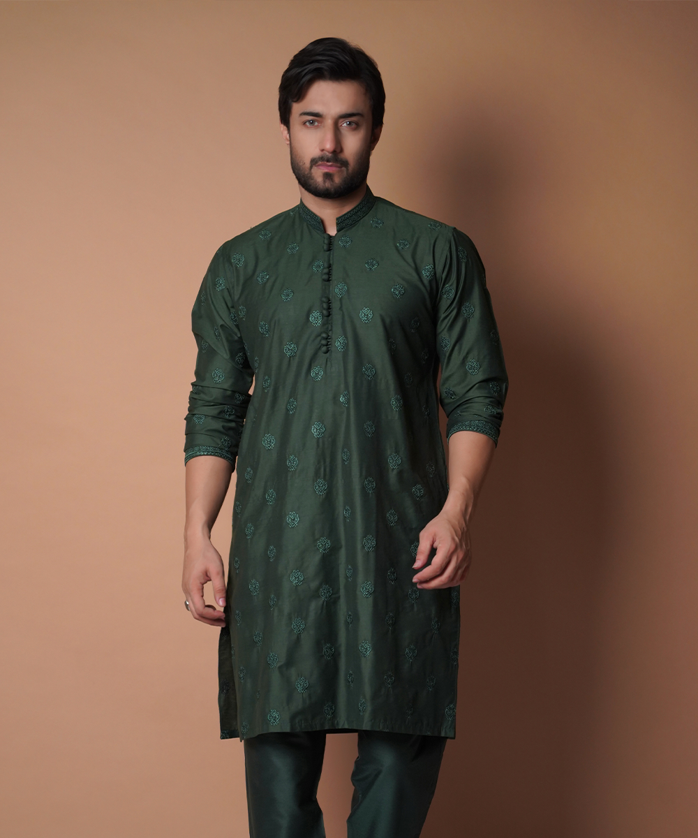 Emerald Green Motif Embroidered Silk-Blend Kurta (2-Piece) - Image 1
