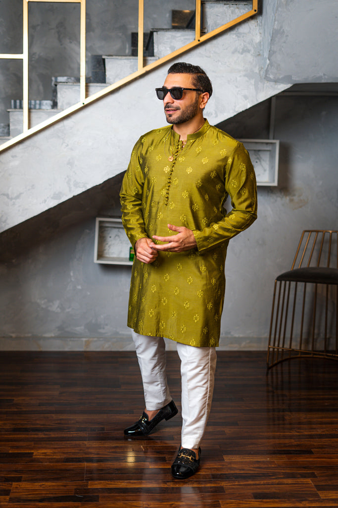 Olive Green Embossed Silk-Blend Kurta (2-Piece) - Image 1