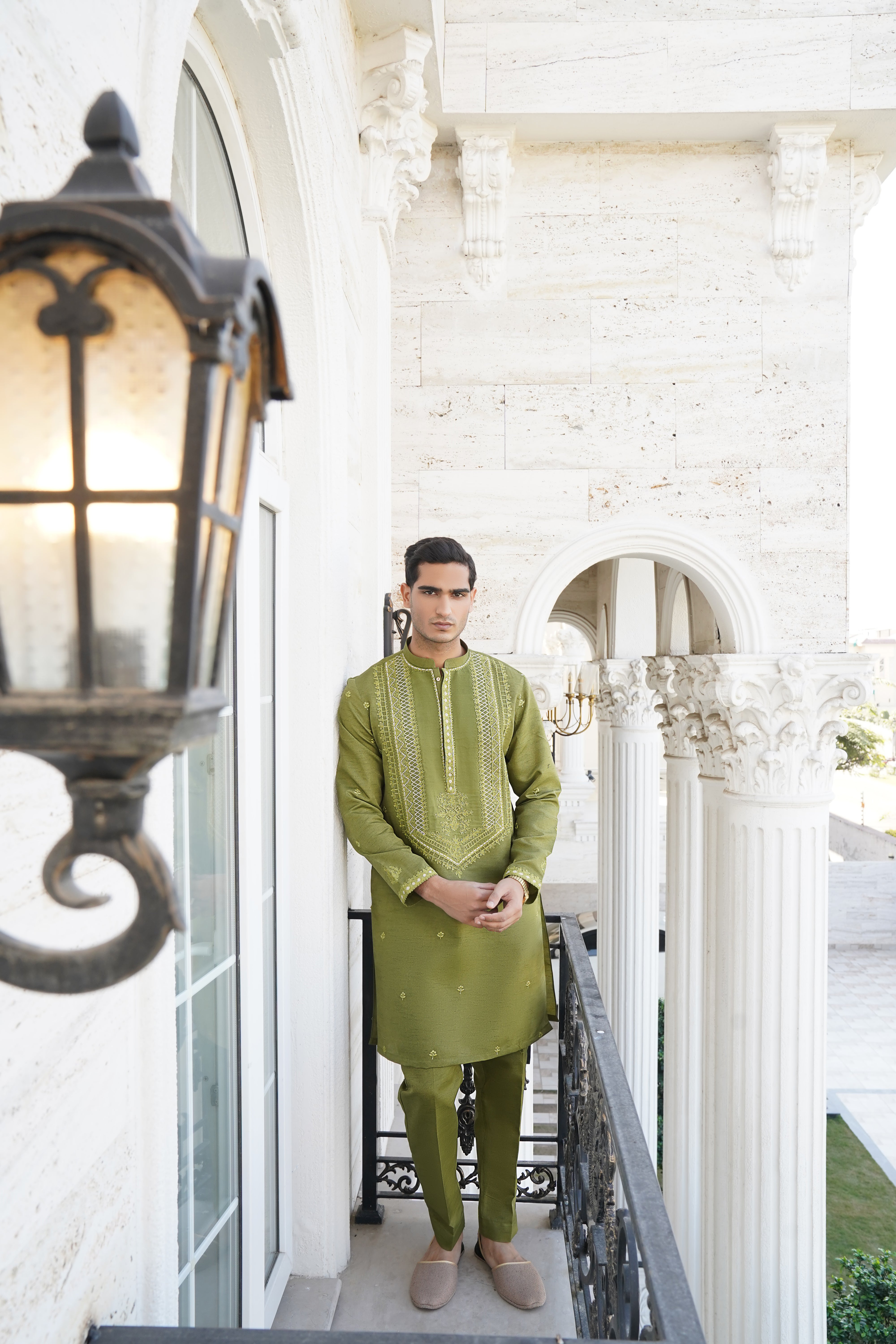 Olive Green Embroidered Silk-Blend Kurta Trouser (2-Piece) - Image 1