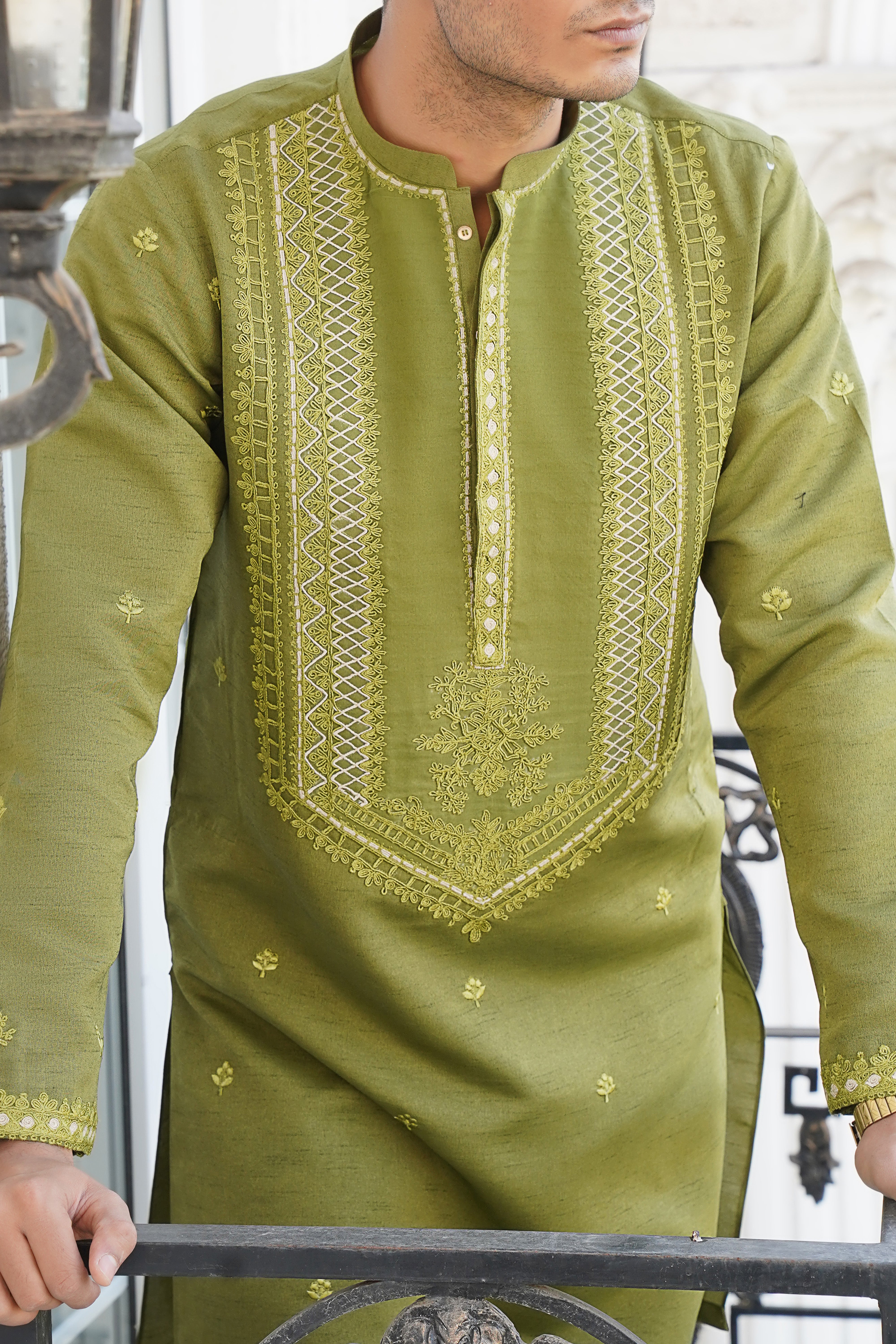 Olive Green Embroidered Silk-Blend Kurta Trouser (2-Piece) - Image 2