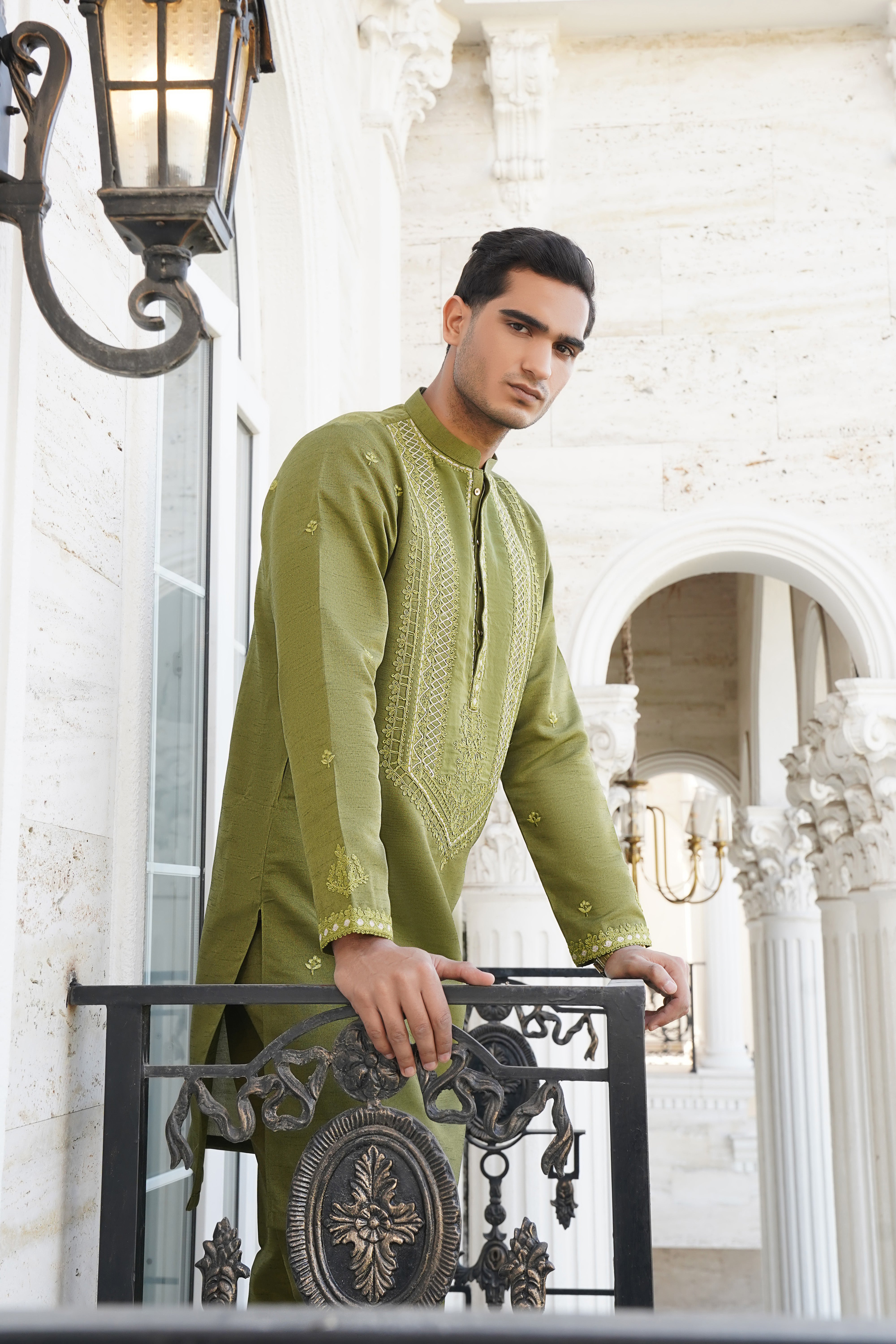 Olive Green Embroidered Silk-Blend Kurta Trouser (2-Piece) - Image 3