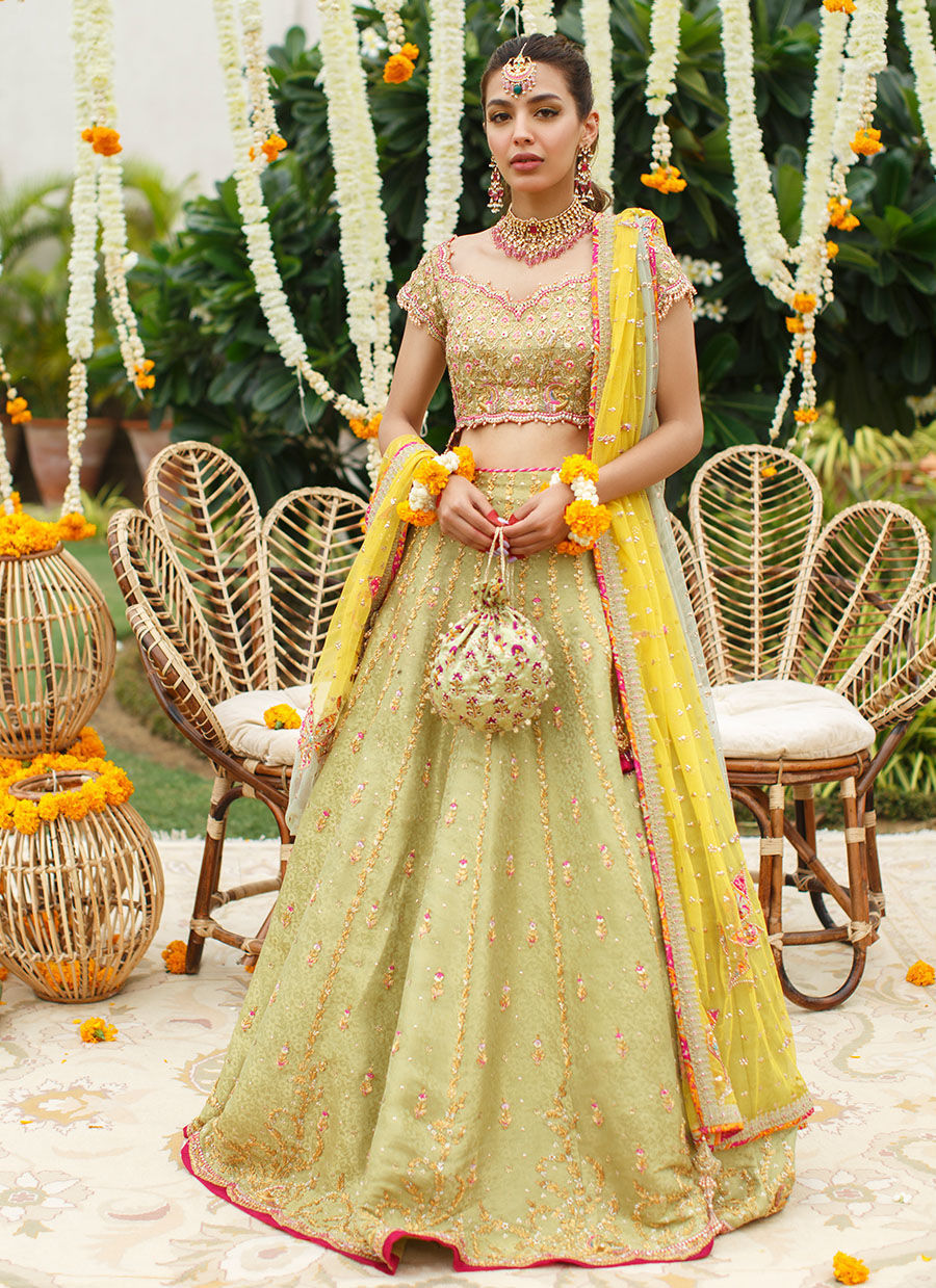 Kiwi-Lime Zardozi Banarsi Lehenga Choli (3-Piece) - Image 1