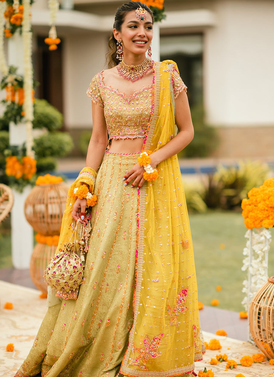 Kiwi-Lime Zardozi Banarsi Lehenga Choli (3-Piece) - Image 10