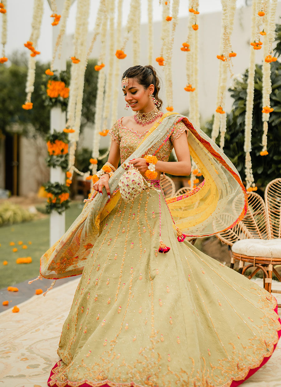 Kiwi-Lime Zardozi Banarsi Lehenga Choli (3-Piece) - Image 13
