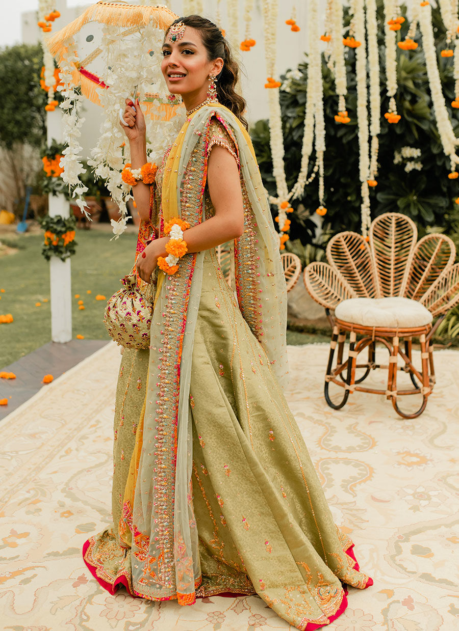 Kiwi-Lime Zardozi Banarsi Lehenga Choli (3-Piece) - Image 14