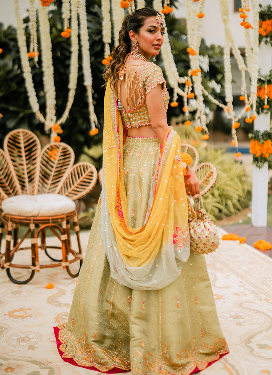 Kiwi-Lime Zardozi Banarsi Lehenga Choli (3-Piece) - Image 15