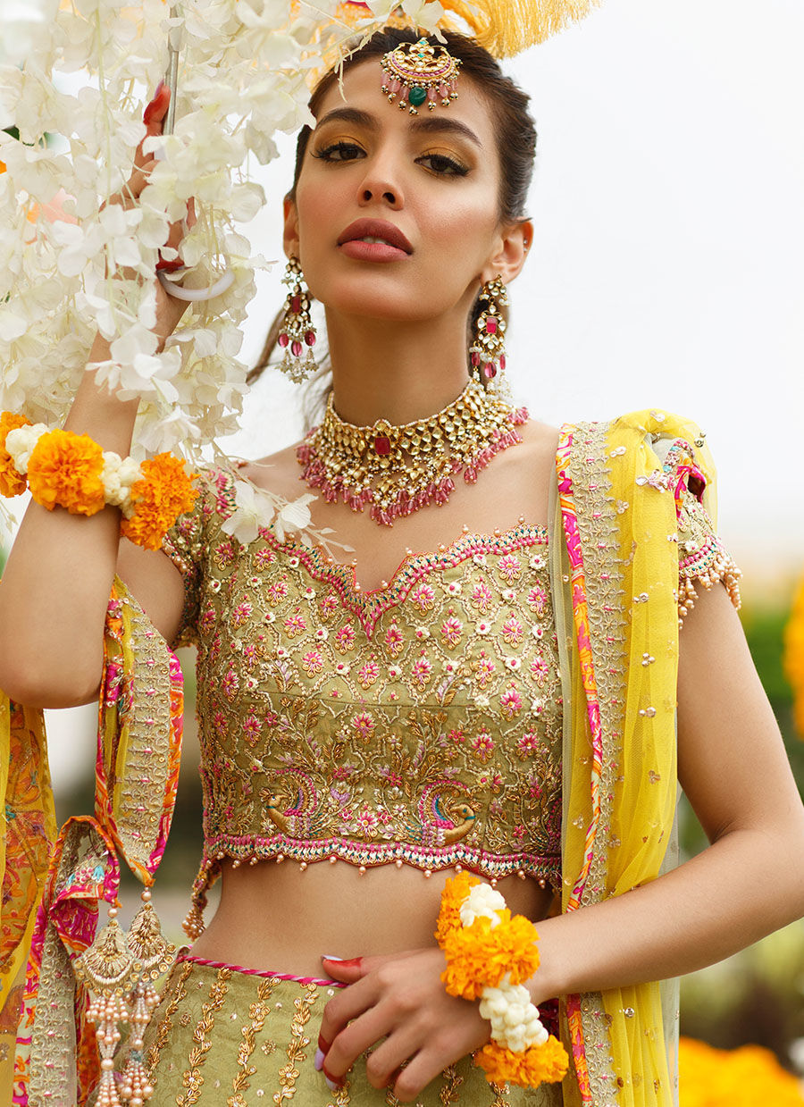 Kiwi-Lime Zardozi Banarsi Lehenga Choli (3-Piece) - Image 2