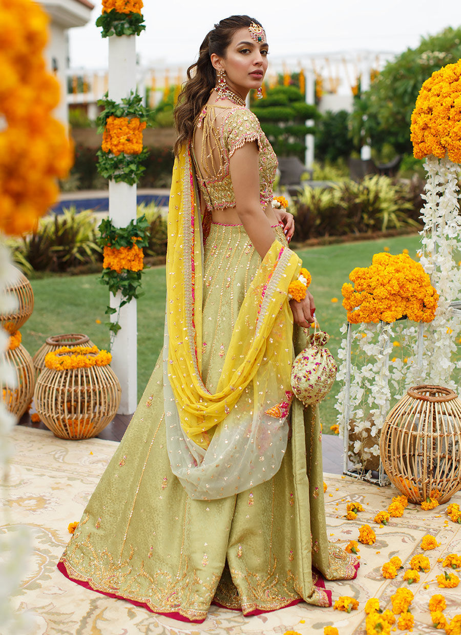 Kiwi-Lime Zardozi Banarsi Lehenga Choli (3-Piece) - Image 7