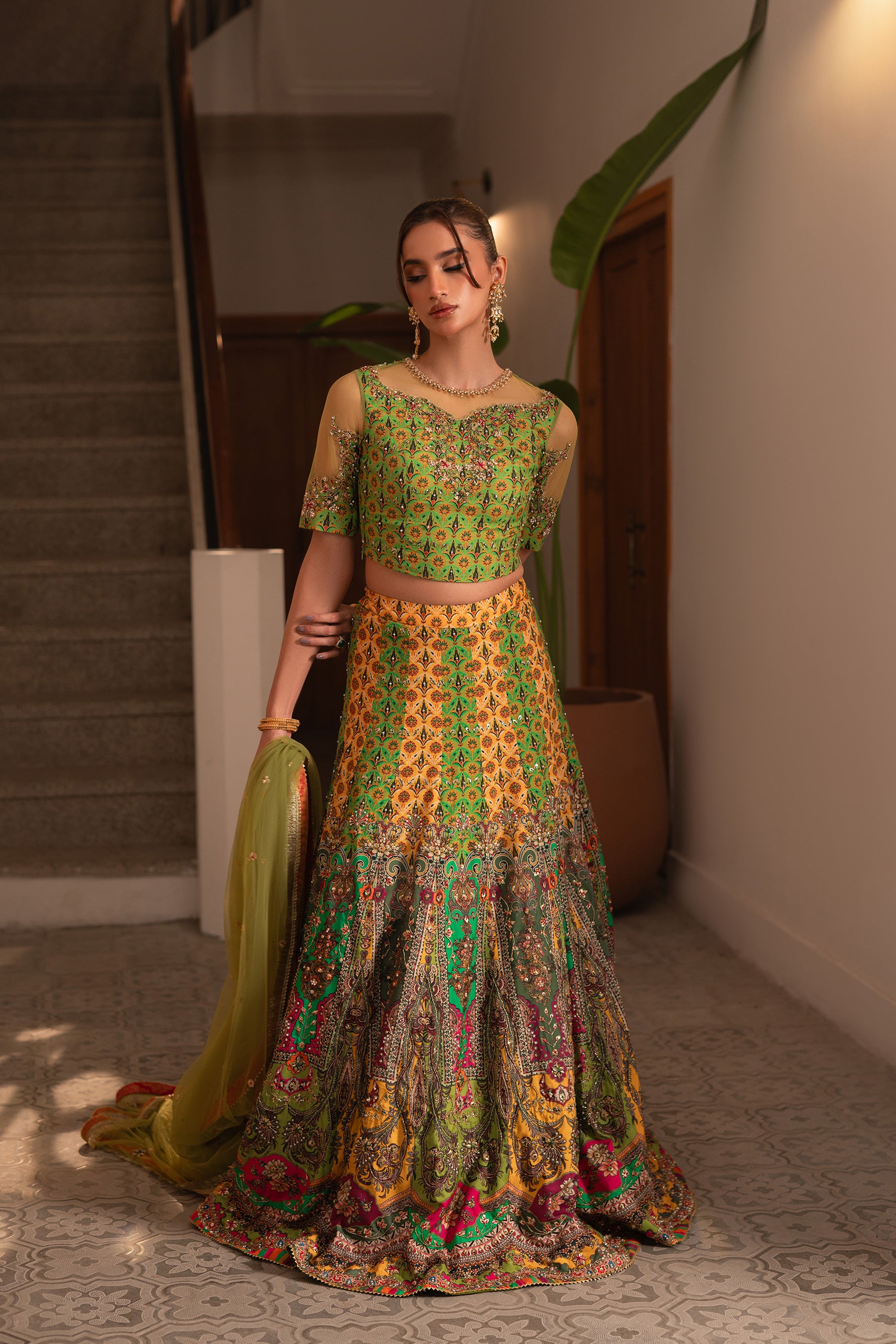 Lime Green Gota Embellished Silk Lehenga Choli (3-Piece) - Image 4