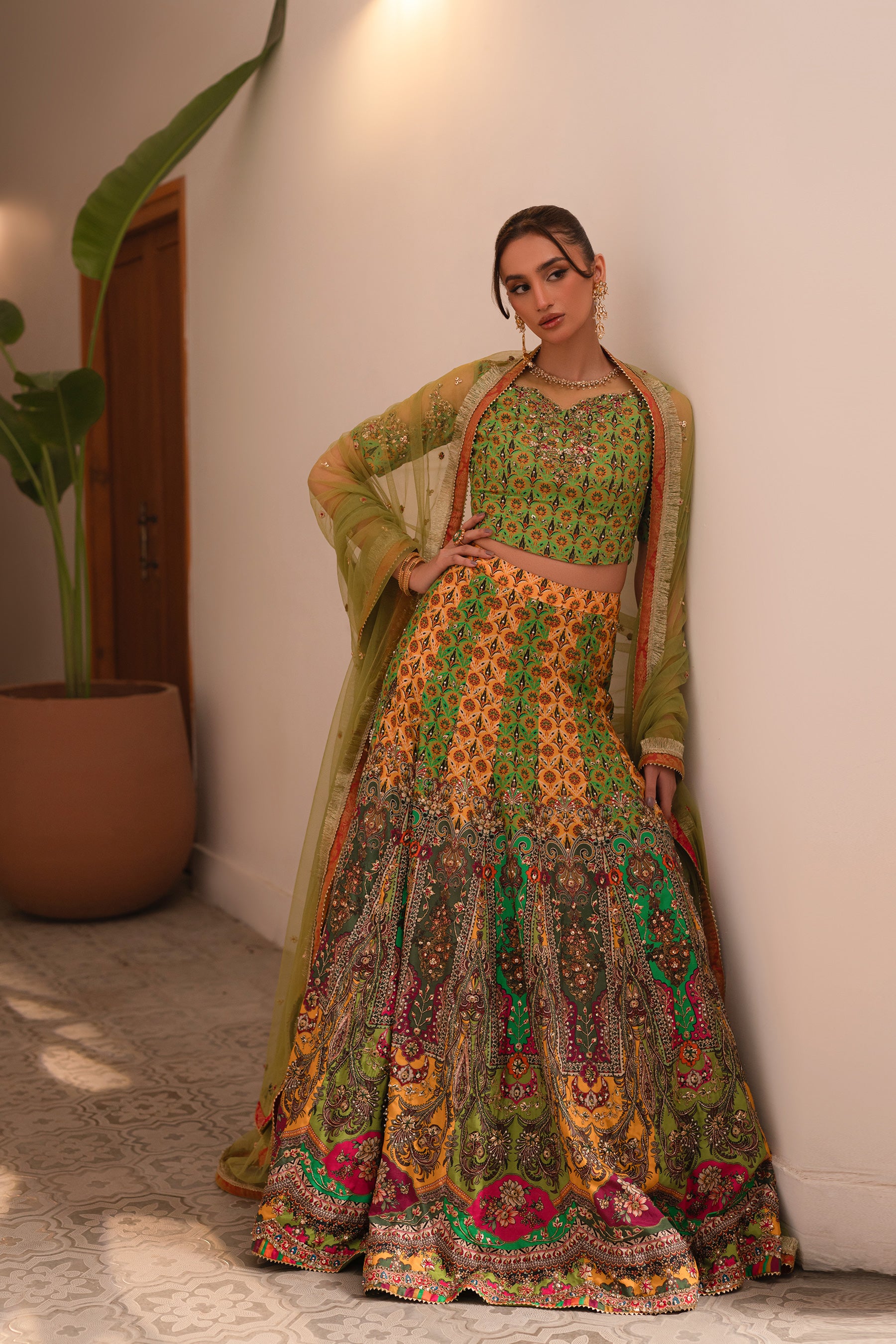 Lime Green Gota Embellished Blended Silk Lehenga Choli (3-Piece) - Image 1