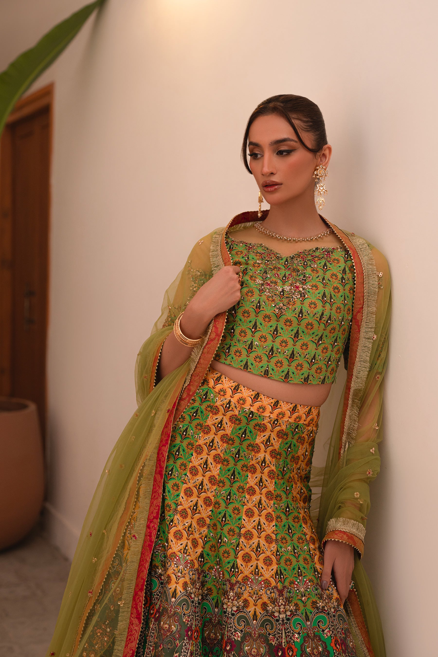 Lime Green Gota Embellished Blended Silk Lehenga Choli (3-Piece) - Image 2