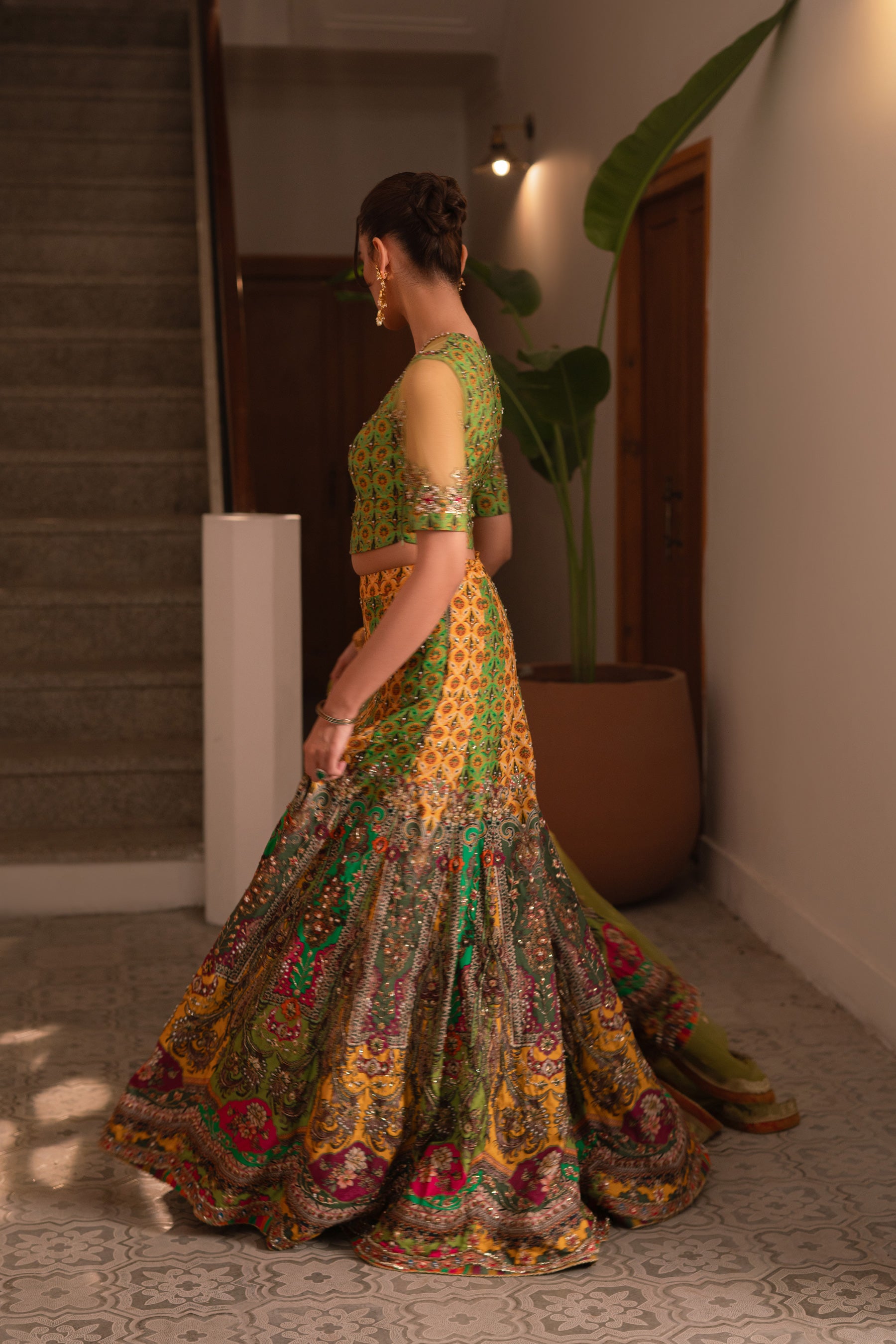 Lime Green Gota Embellished Blended Silk Lehenga Choli (3-Piece) - Image 3