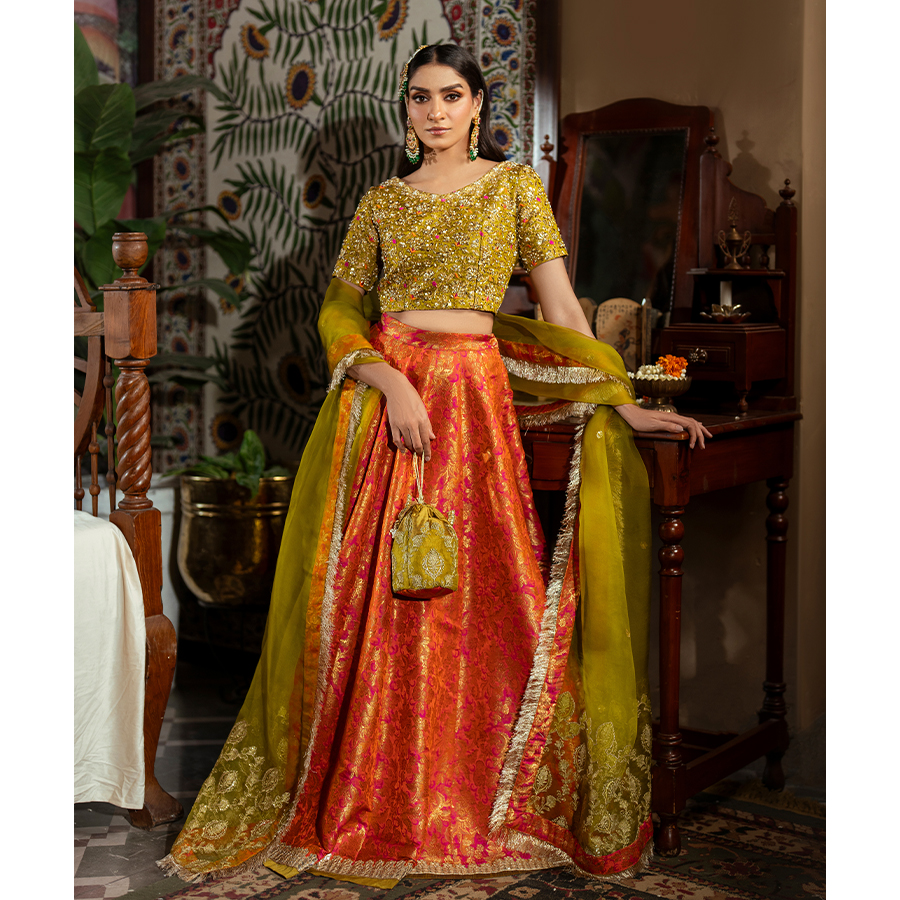 Pakistani Lime Green Hand Embellished Brocade Lehenga (4-Piece) - Image 1