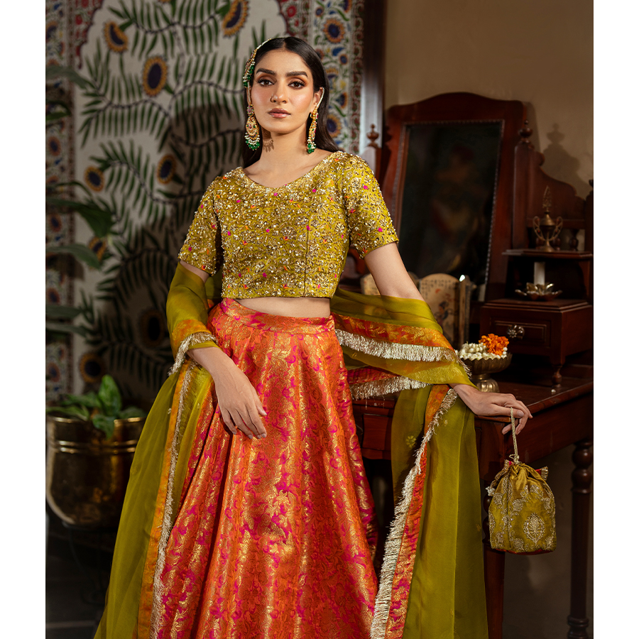 Pakistani Lime Green Hand Embellished Brocade Lehenga (4-Piece) - Image 3