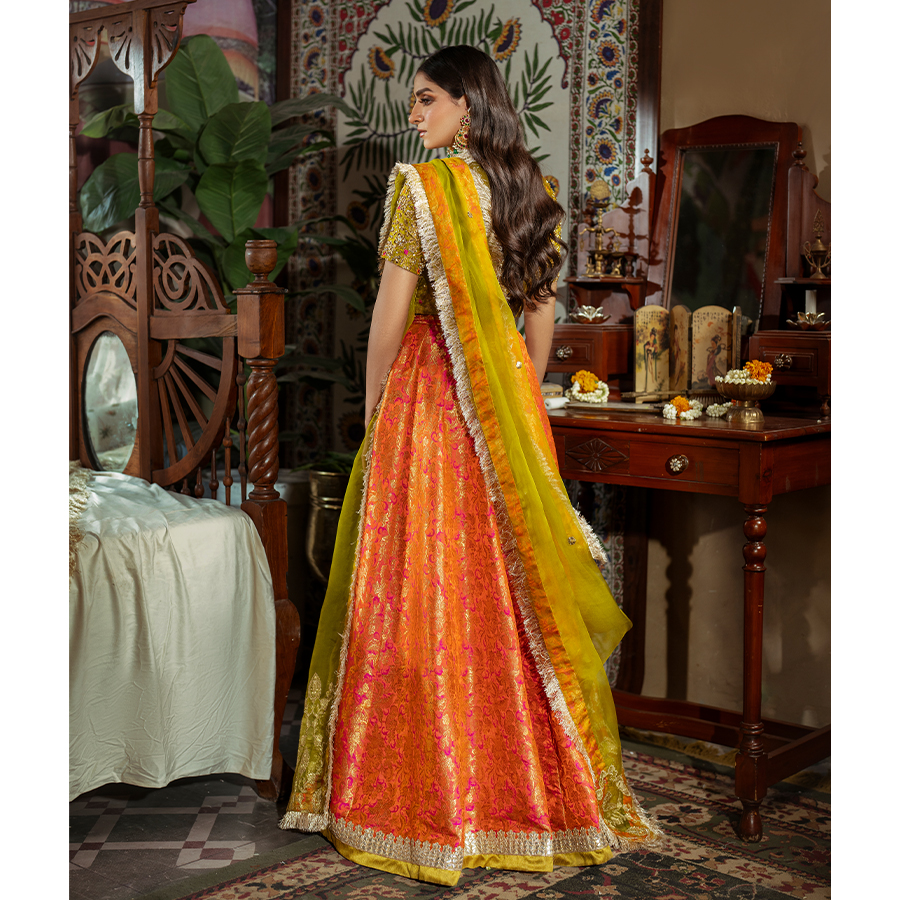 Pakistani Lime Green Hand Embellished Brocade Lehenga (4-Piece) - Image 4