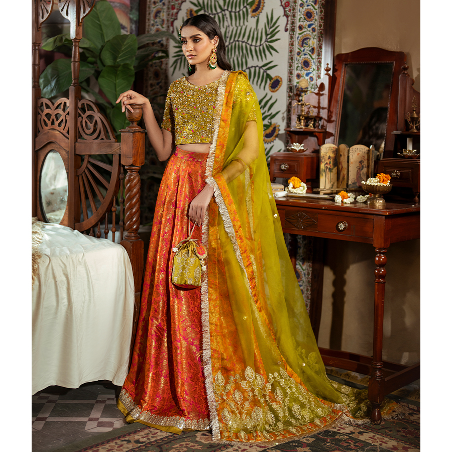Pakistani Lime Green Hand Embellished Brocade Lehenga (4-Piece) - Image 5