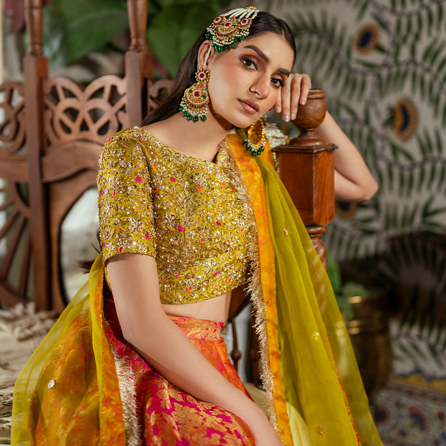 Pakistani Lime Green Hand Embellished Brocade Lehenga (4-Piece) - Image 6