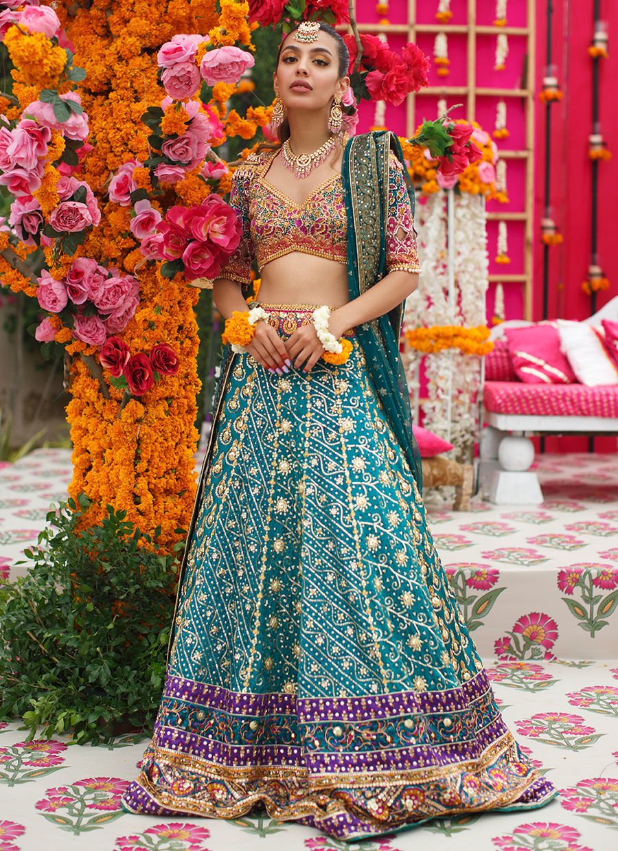 Pakistani Jade Embellished Charmeuse Silk Lehnga Choli (3-Piece) - Image 1