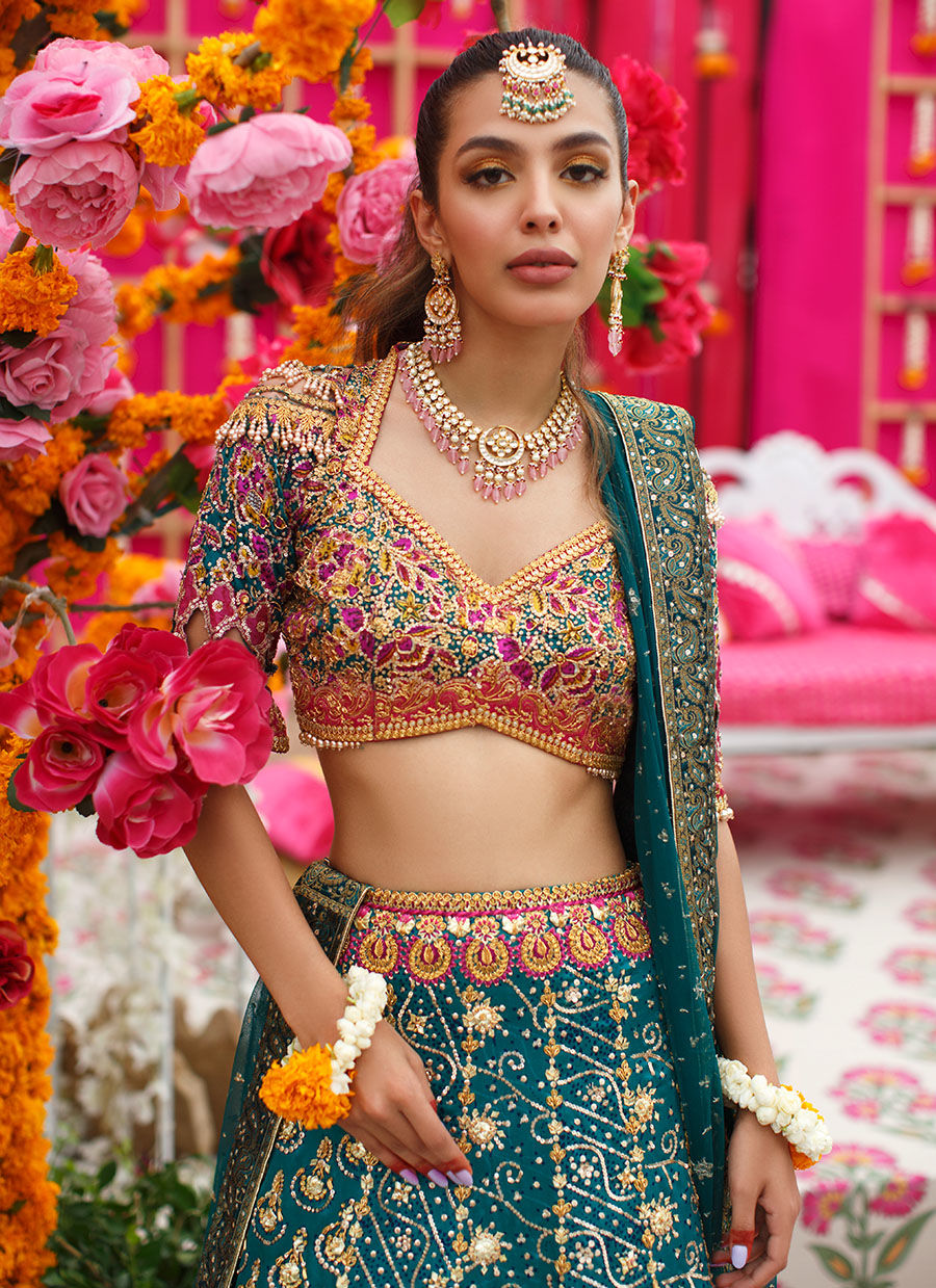 Pakistani Jade Embellished Charmeuse Silk Lehnga Choli (3-Piece) - Image 7