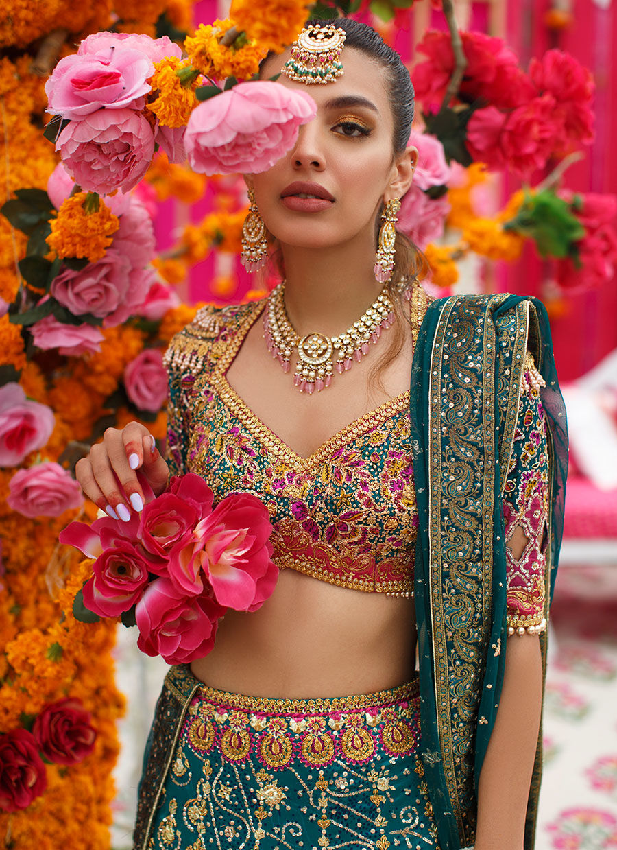 Pakistani Jade Embellished Charmeuse Silk Lehnga Choli (3-Piece) - Image 8