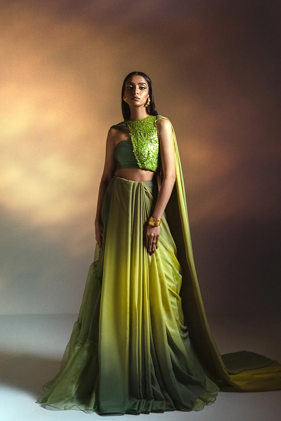 Pakistani Lime Green Sequin Italian Chiffon Silk Lehenga (2-Piece) - Image 2
