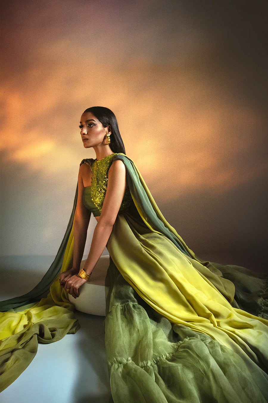Pakistani Lime Green Sequin Italian Chiffon Silk Lehenga (2-Piece) - Image 3