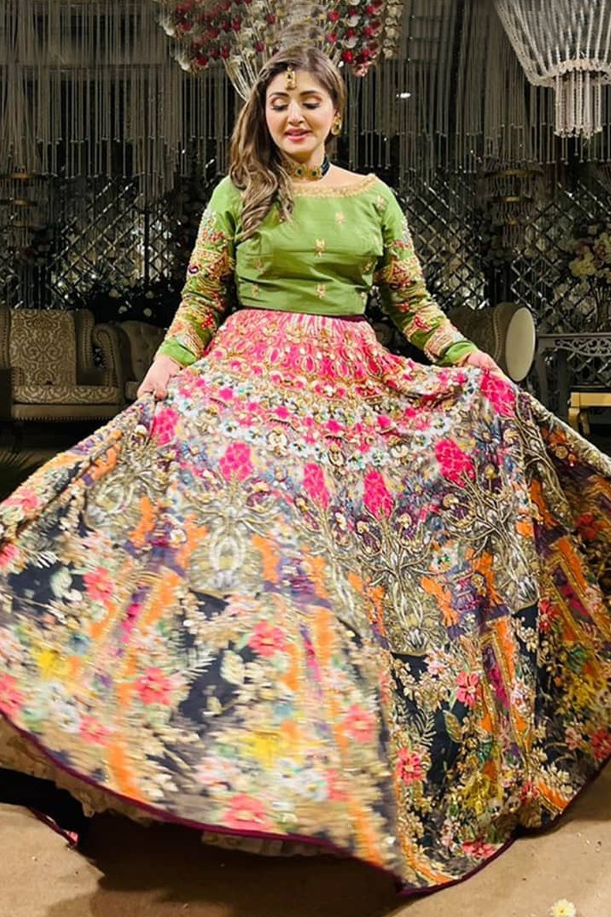 Lime Green Embroidered Net Lehenga Dress (2-Piece) - Image 1