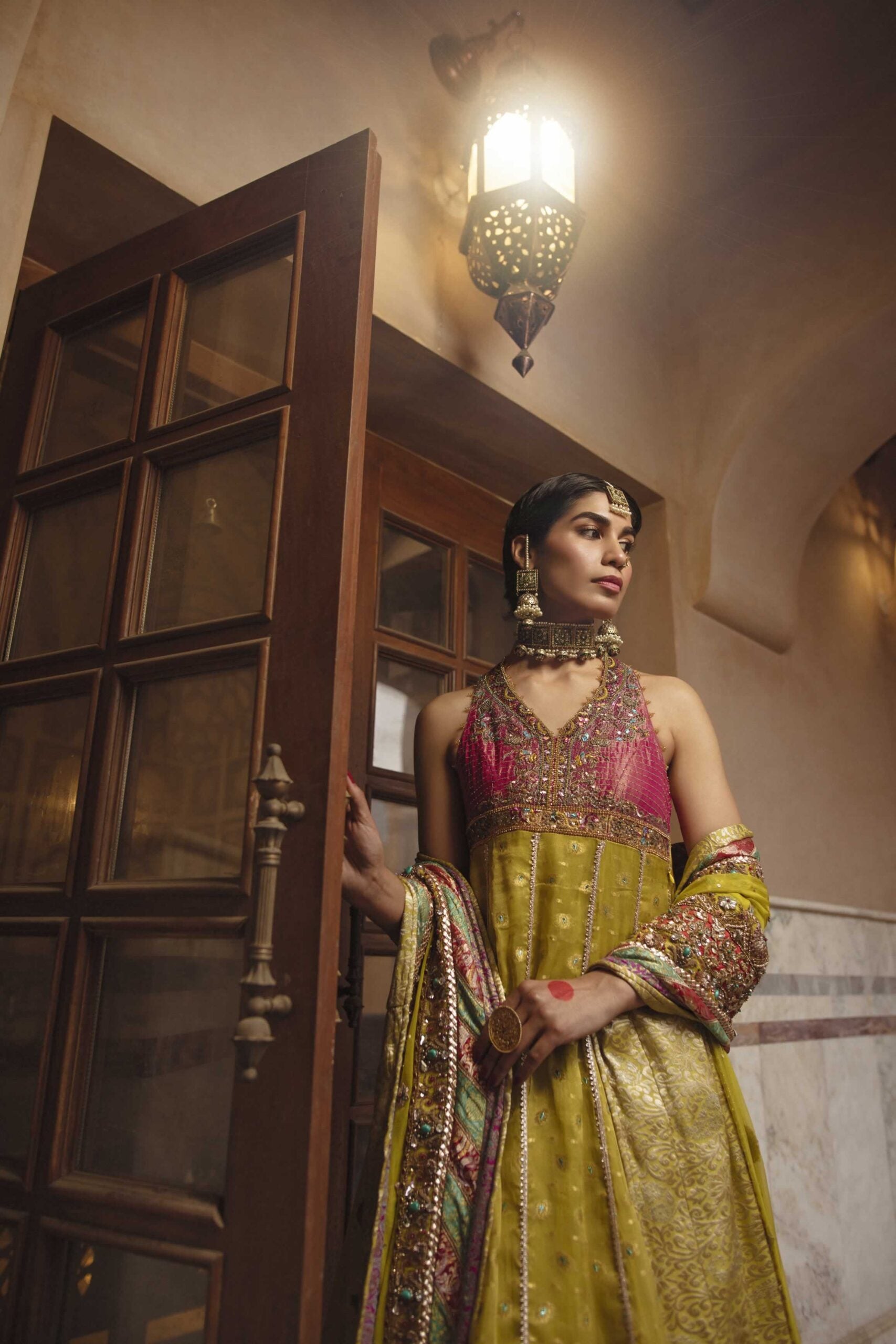 Pakistani Apple Green Embroidered Chiffon & Jamawar Lehenga (3-Piece) - Image 10