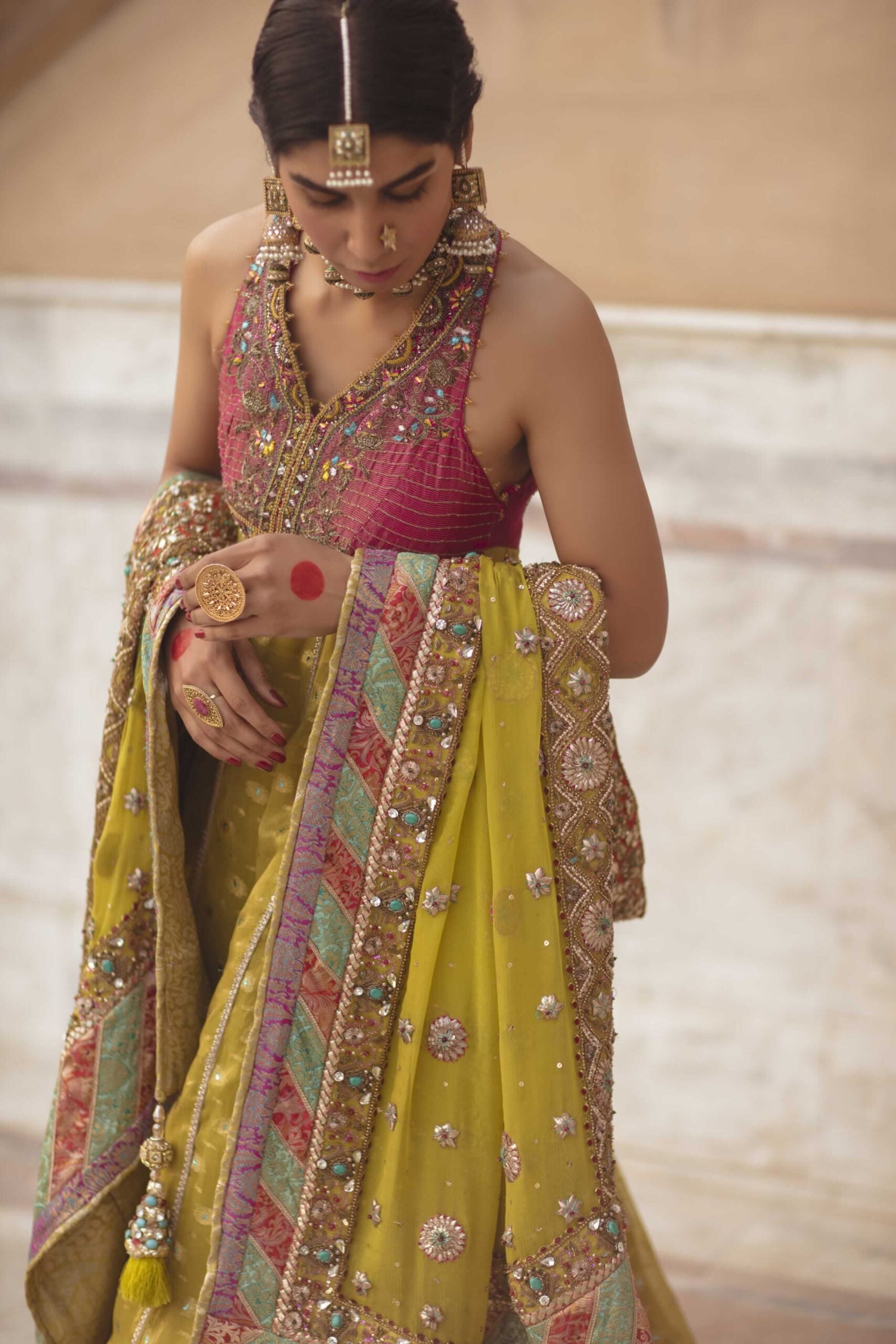 Pakistani Apple Green Embroidered Chiffon & Jamawar Lehenga (3-Piece) - Image 2