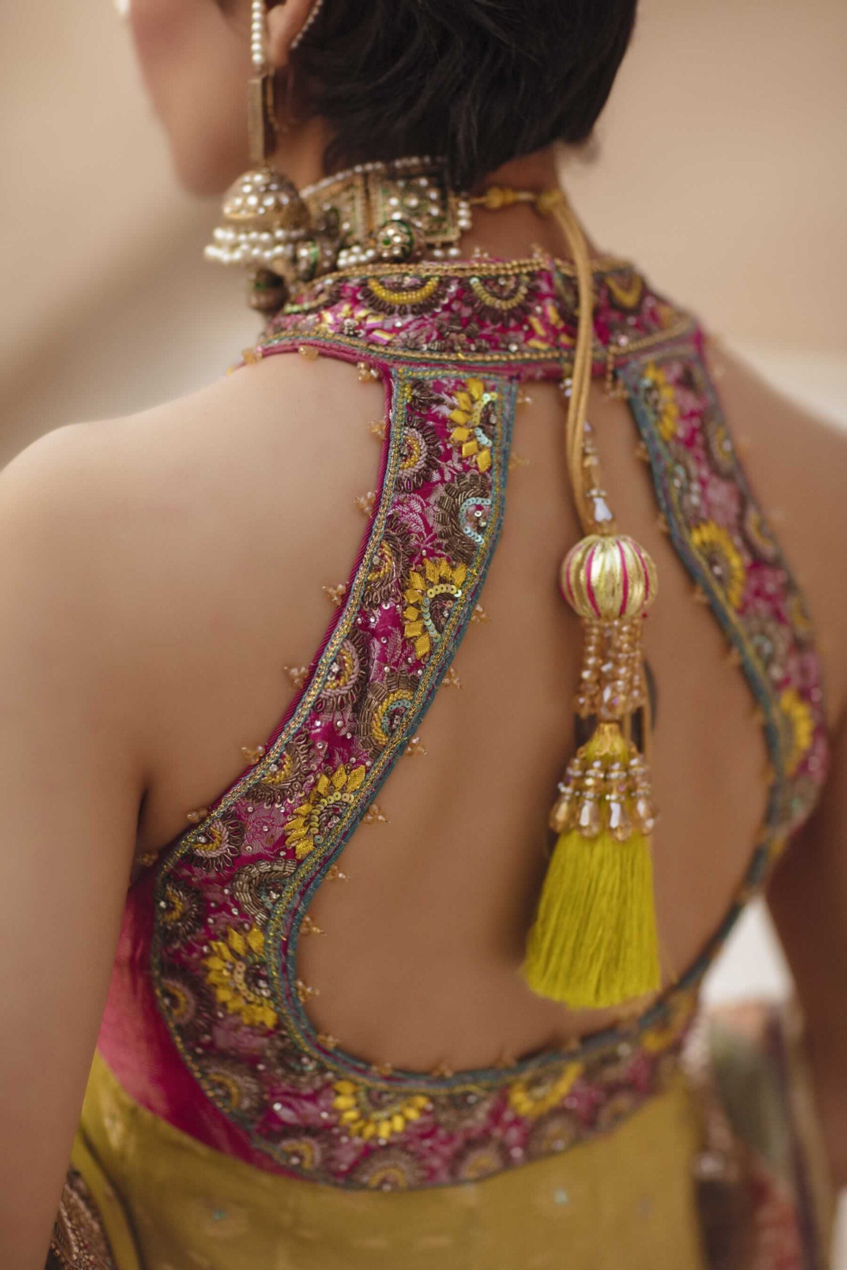 Pakistani Apple Green Embroidered Chiffon & Jamawar Lehenga (3-Piece) - Image 3