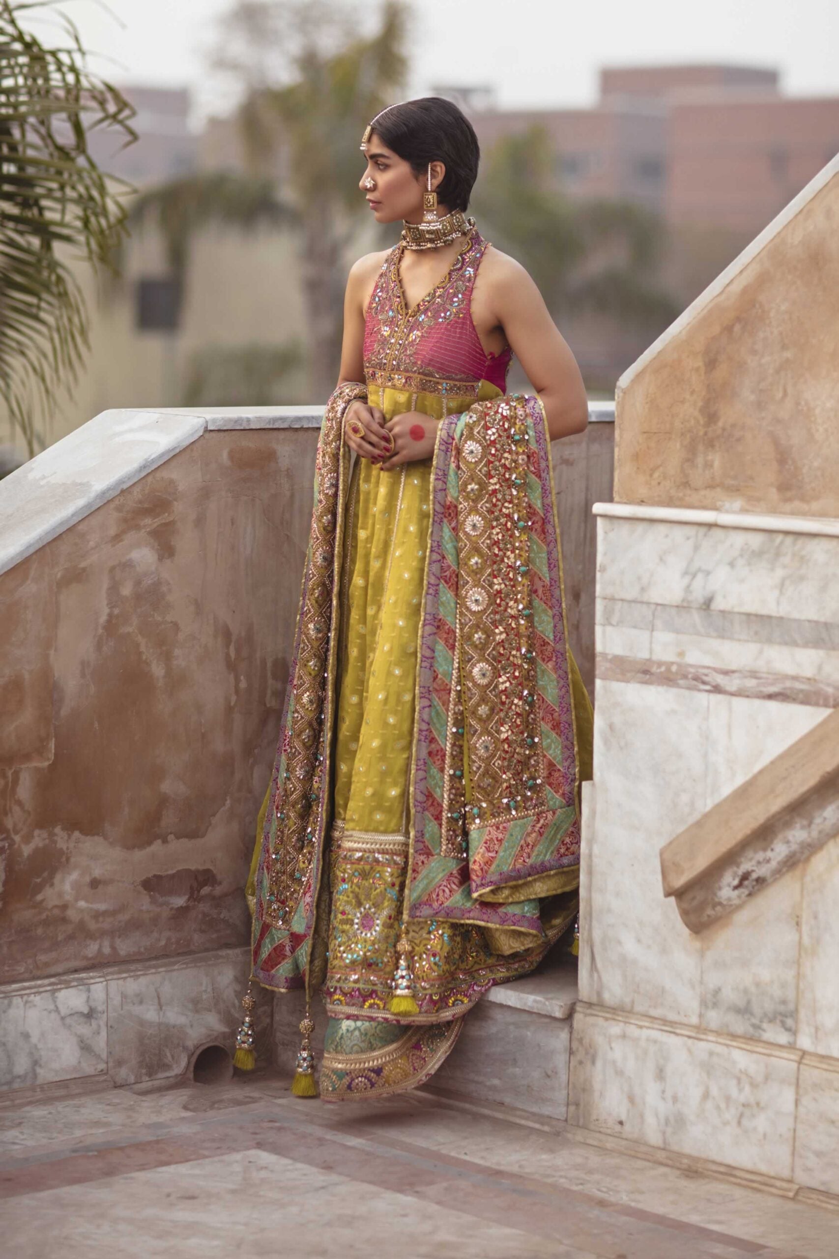 Pakistani Apple Green Embroidered Chiffon & Jamawar Lehenga (3-Piece) - Image 4