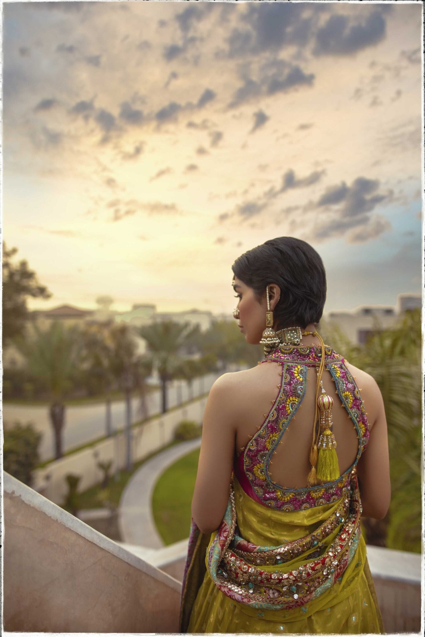 Pakistani Apple Green Embroidered Chiffon & Jamawar Lehenga (3-Piece) - Image 5