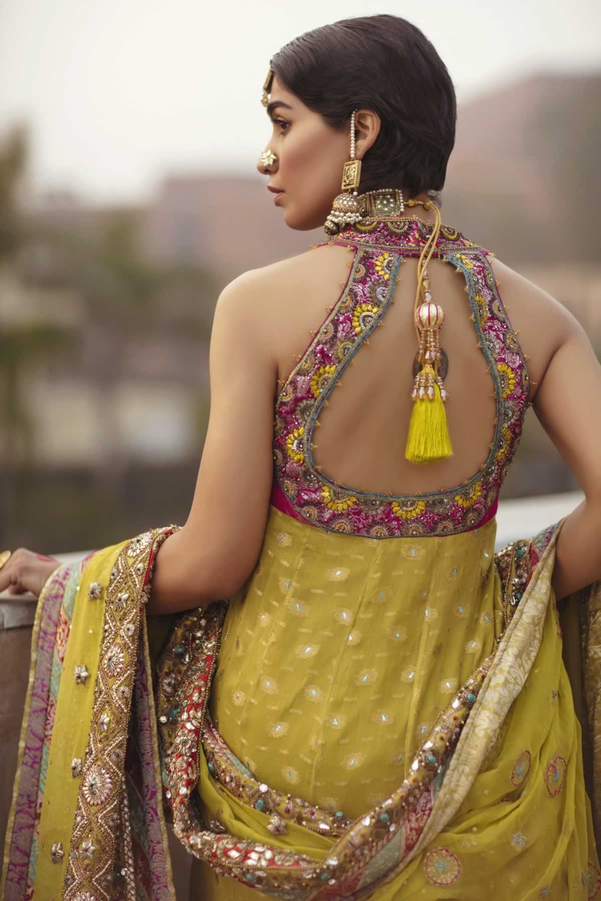 Pakistani Apple Green Embroidered Chiffon & Jamawar Lehenga (3-Piece) - Image 6