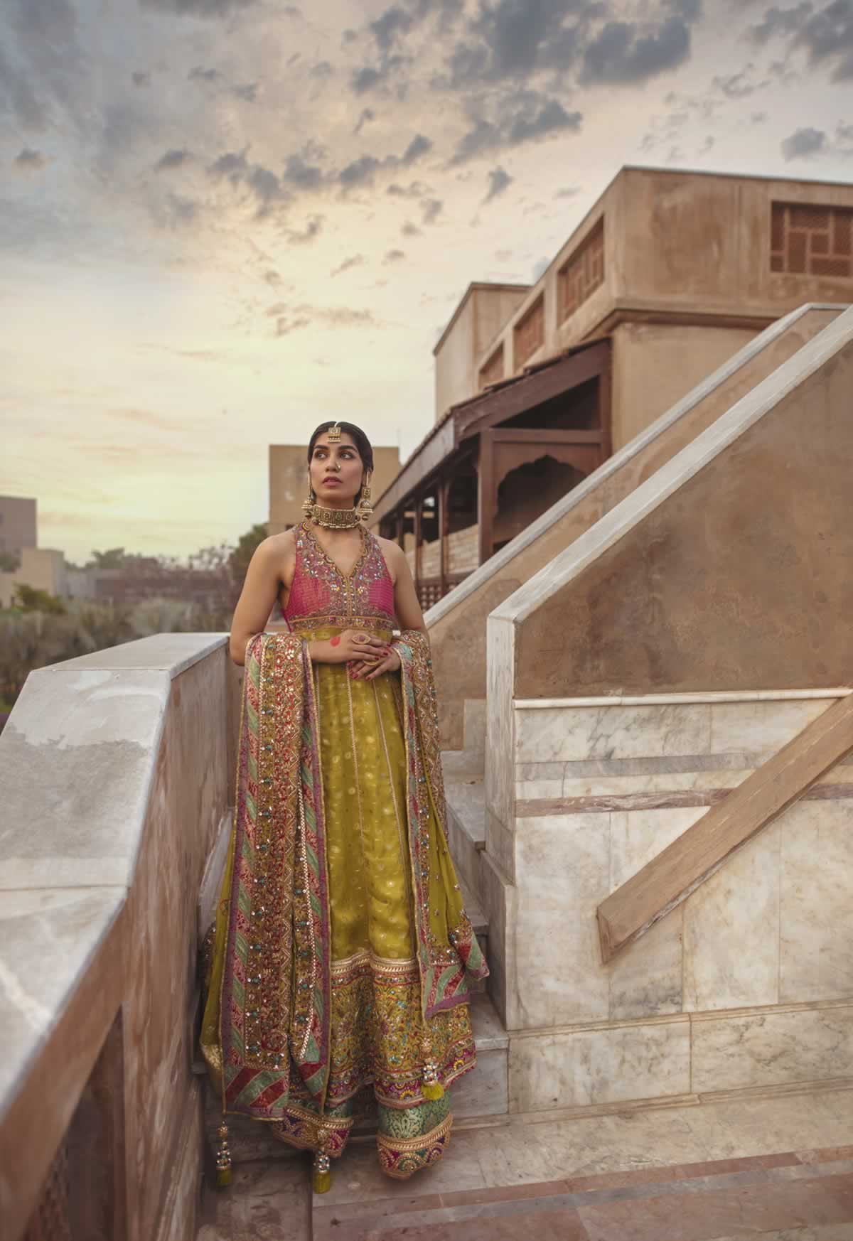 Pakistani Apple Green Embroidered Chiffon & Jamawar Lehenga (3-Piece) - Image 7