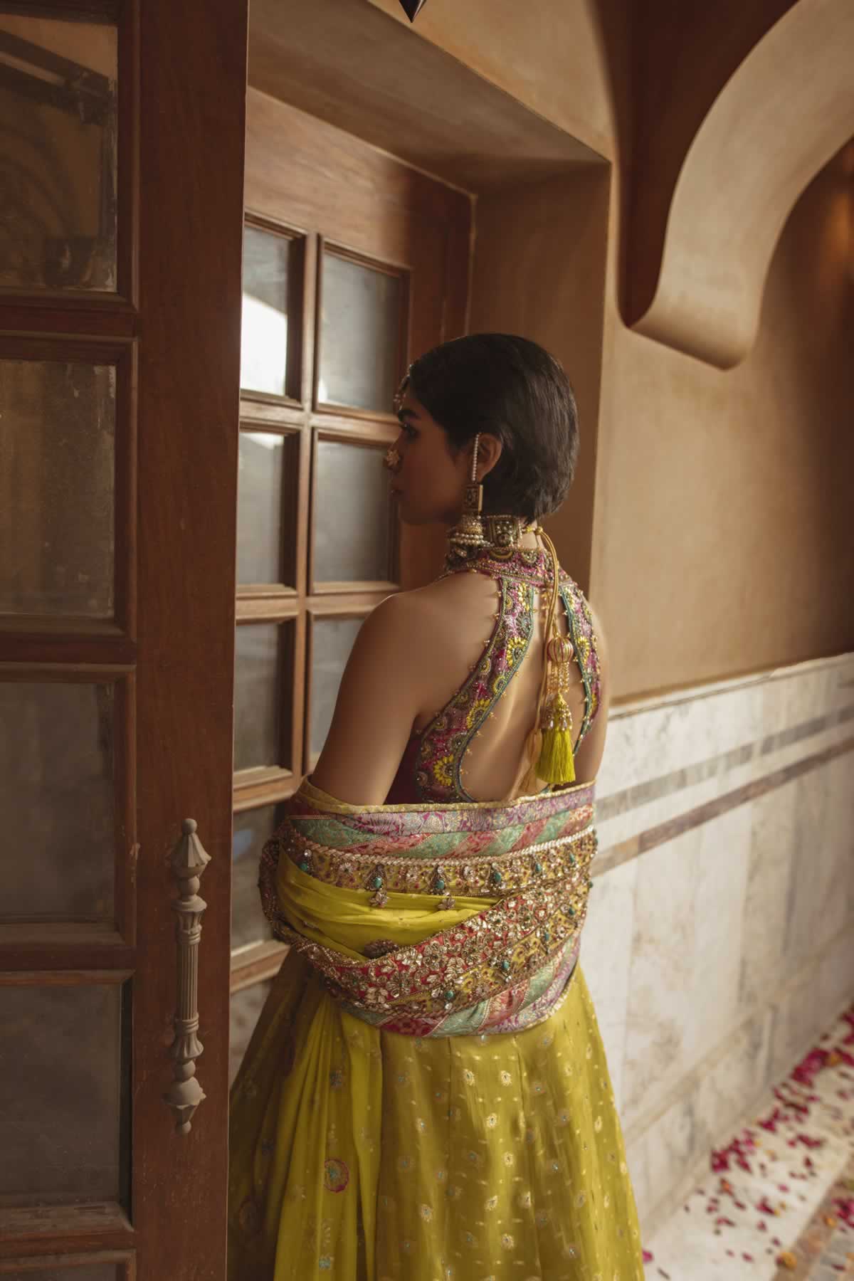 Pakistani Apple Green Embroidered Chiffon & Jamawar Lehenga (3-Piece) - Image 8