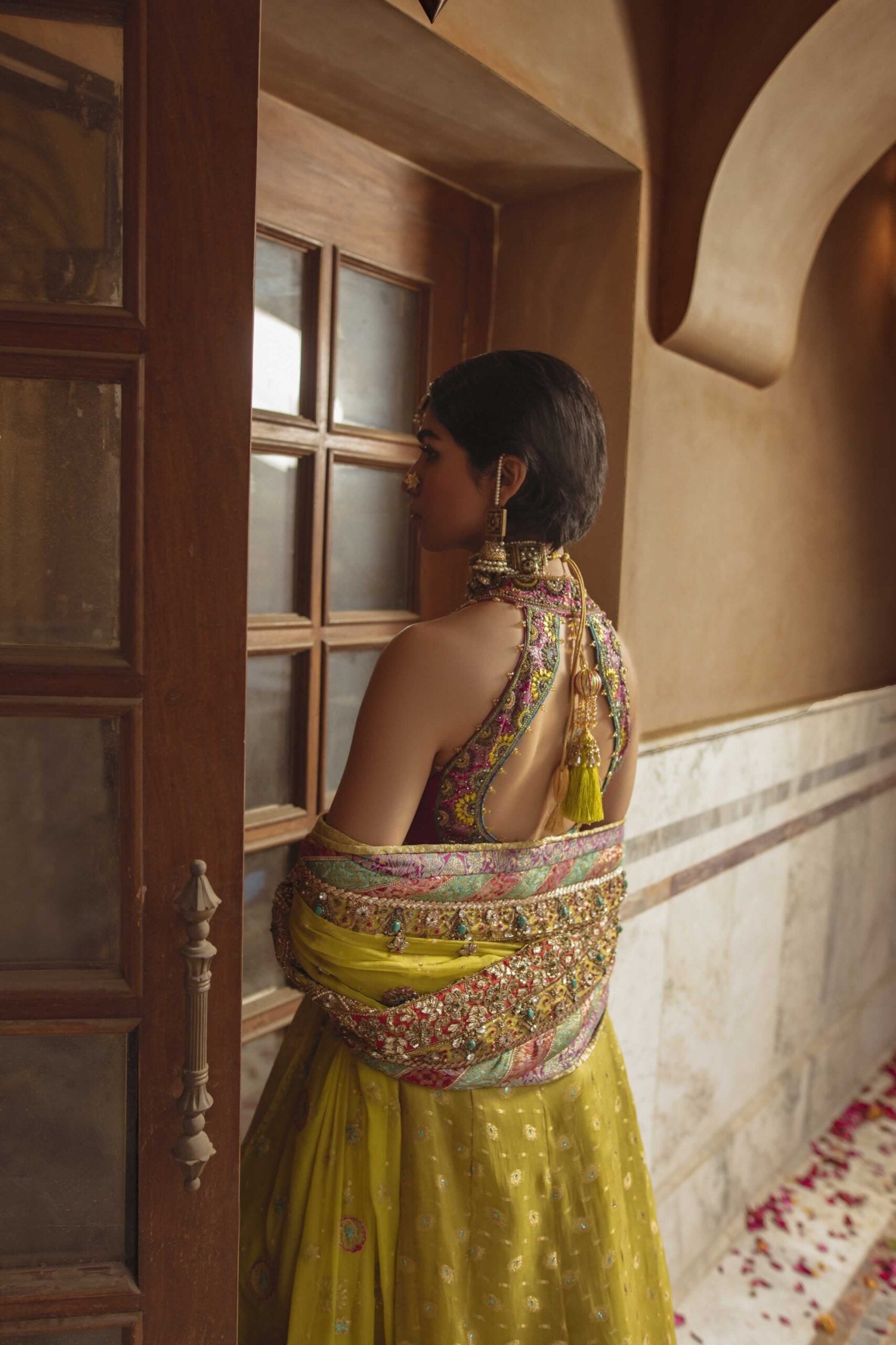 Pakistani Apple Green Embroidered Chiffon & Jamawar Lehenga (3-Piece) - Image 9