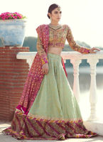 Mint Embroidered Charmeuse Choli & Jamawar Lehenga (3-Piece) - Image 1