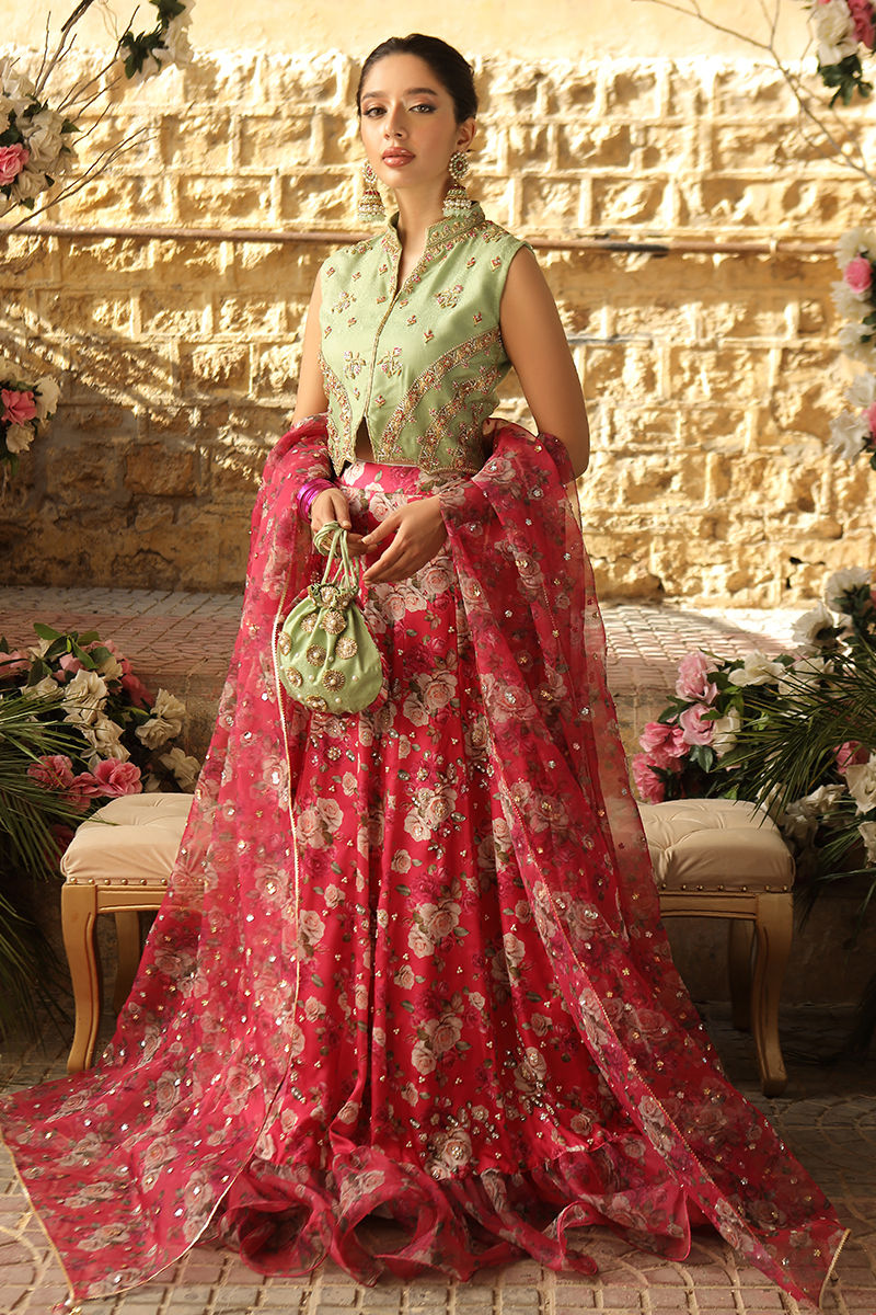Pistachio Zardozi Jamawar Choli with Floral Silk Lehenga (3-Piece) - Image 1