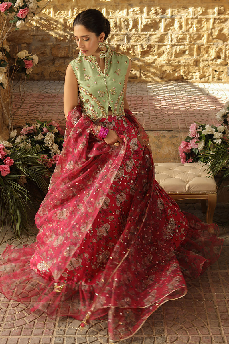 Pistachio Zardozi Jamawar Choli with Floral Silk Lehenga (3-Piece) - Image 2