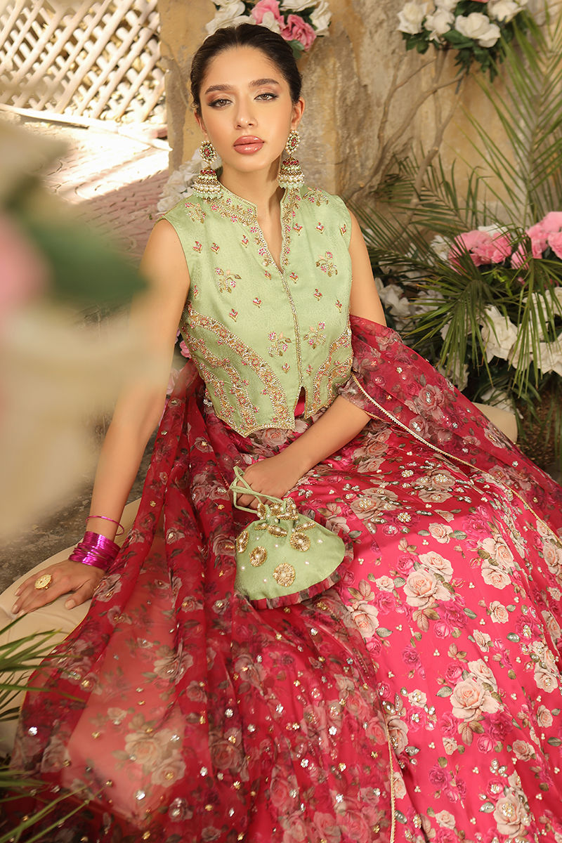 Pistachio Zardozi Jamawar Choli with Floral Silk Lehenga (3-Piece) - Image 3