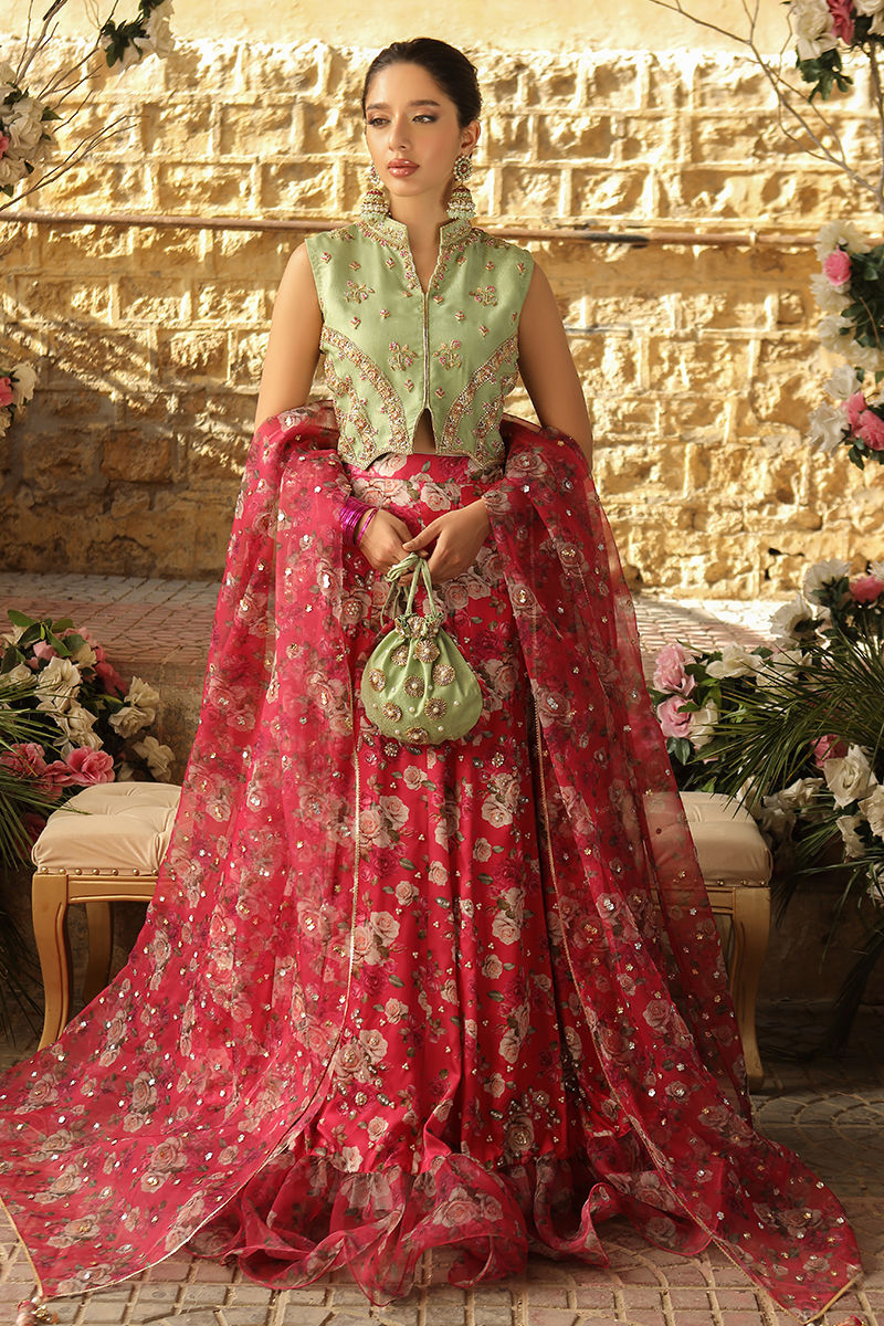 Pistachio Zardozi Jamawar Choli with Floral Silk Lehenga (3-Piece) - Image 4