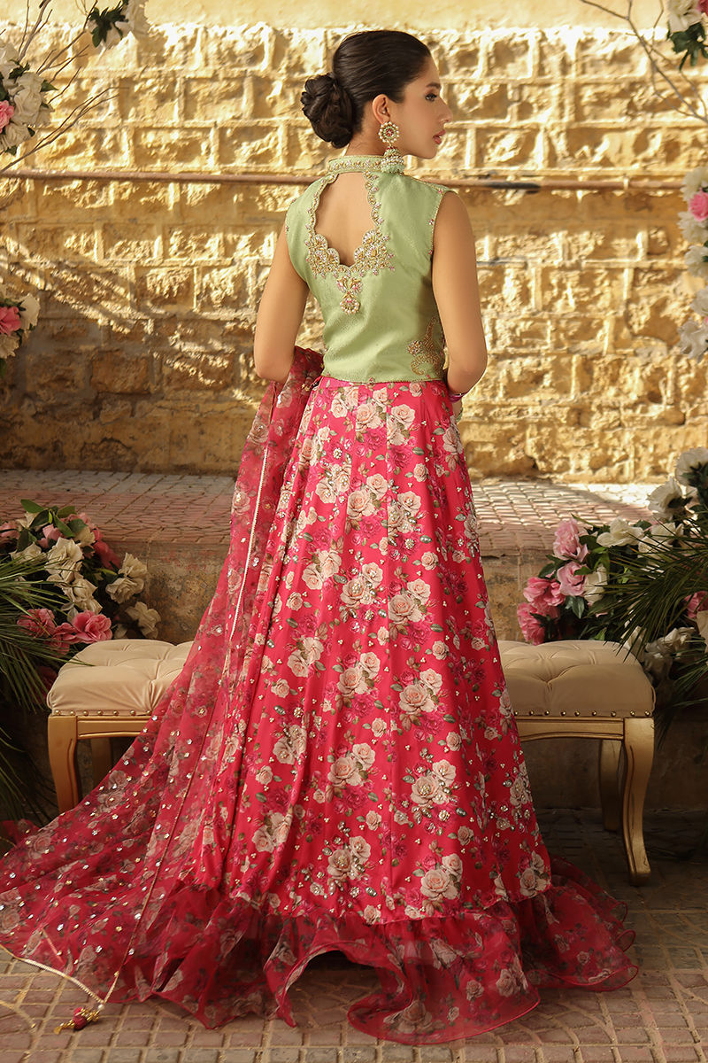 Pistachio Zardozi Jamawar Choli with Floral Silk Lehenga (3-Piece) - Image 5