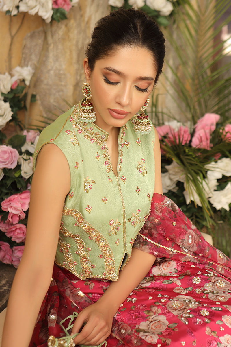 Pistachio Zardozi Jamawar Choli with Floral Silk Lehenga (3-Piece) - Image 6