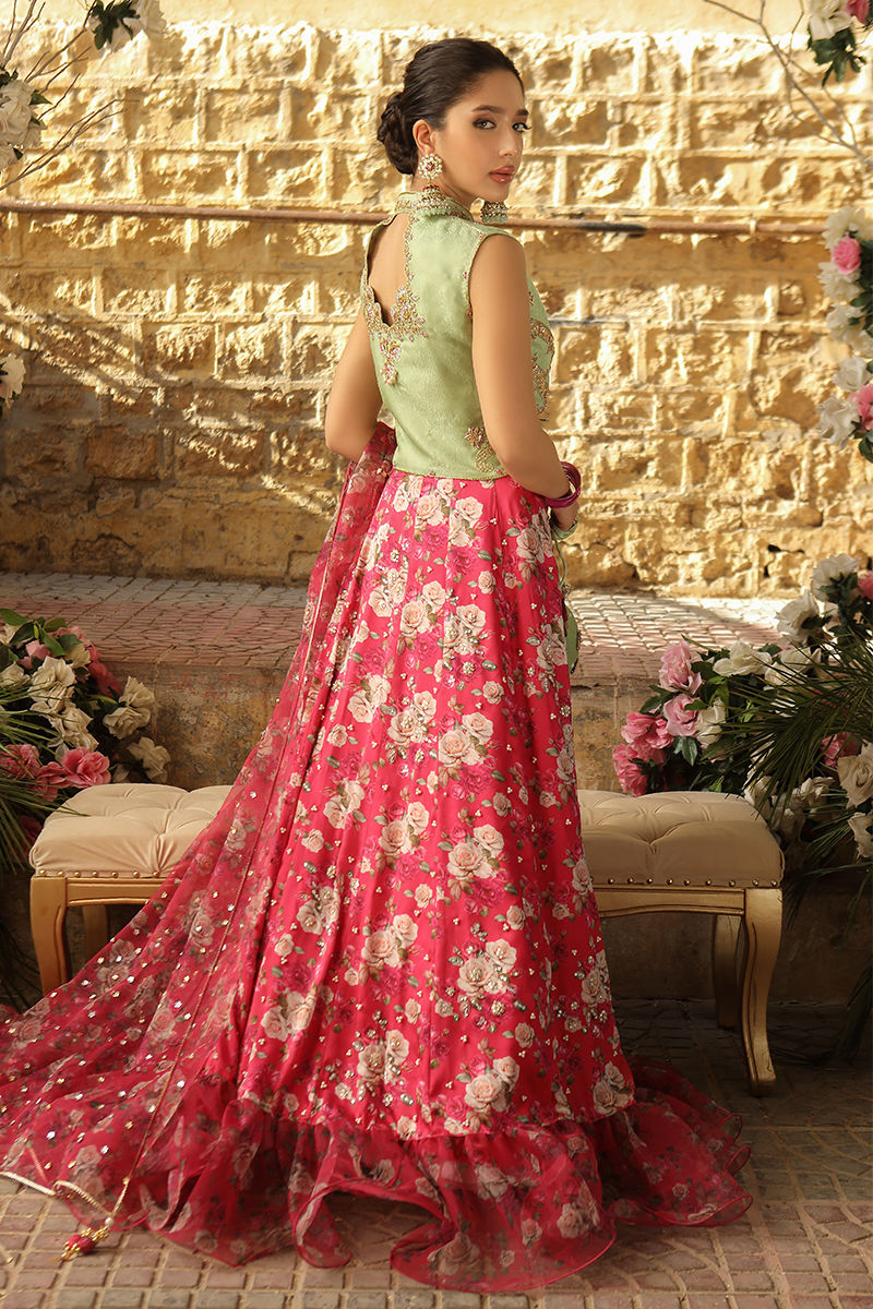 Pistachio Zardozi Jamawar Choli with Floral Silk Lehenga (3-Piece) - Image 7