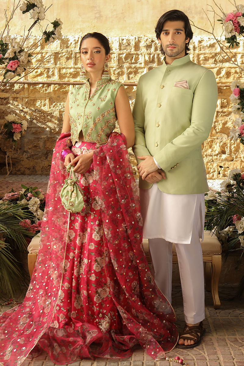 Pistachio Zardozi Jamawar Choli with Floral Silk Lehenga (3-Piece) - Image 8