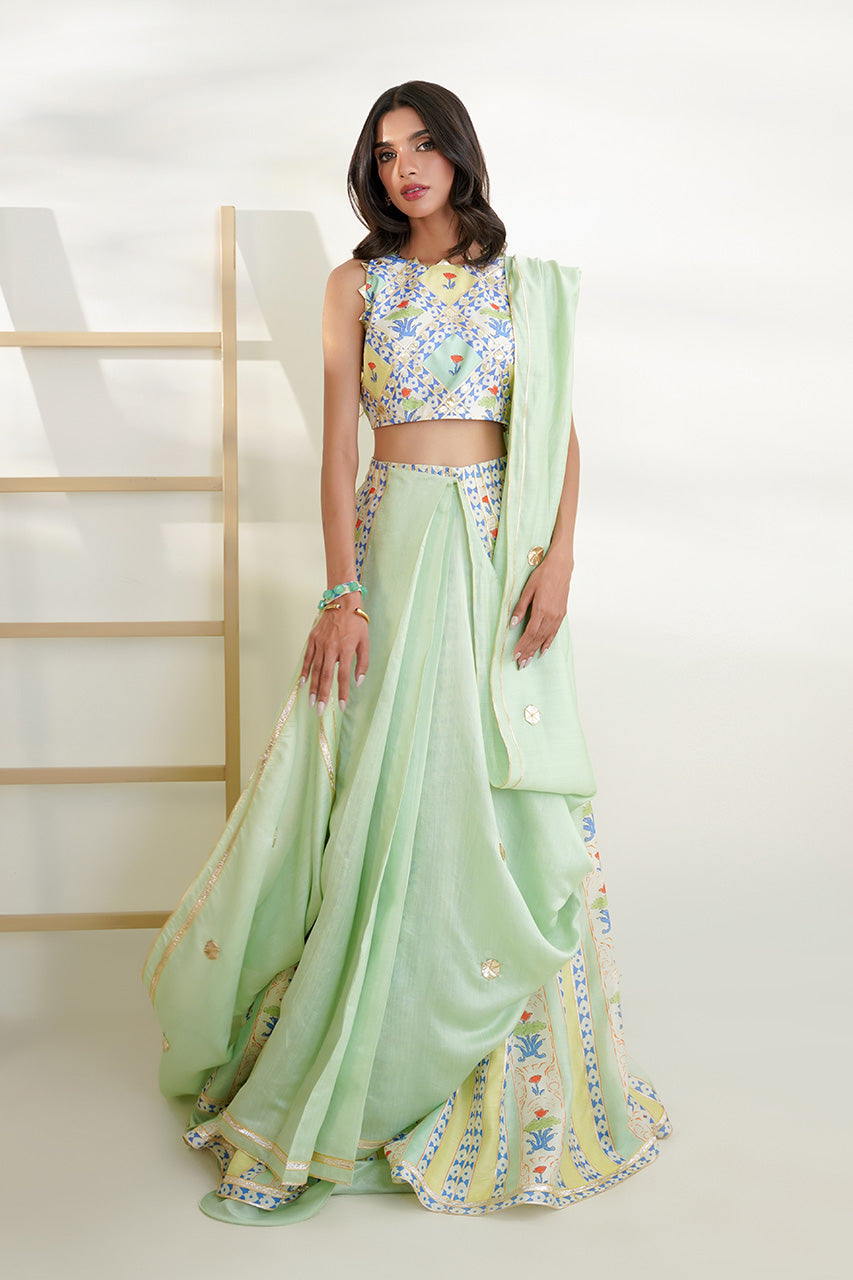 Pakistani Mint Gota Khaddi Silk Lehenga Set (3-Piece) - Image 1