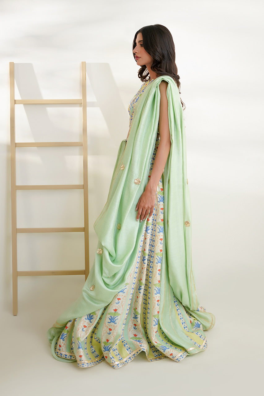 Pakistani Mint Gota Khaddi Silk Lehenga Set (3-Piece) - Image 4