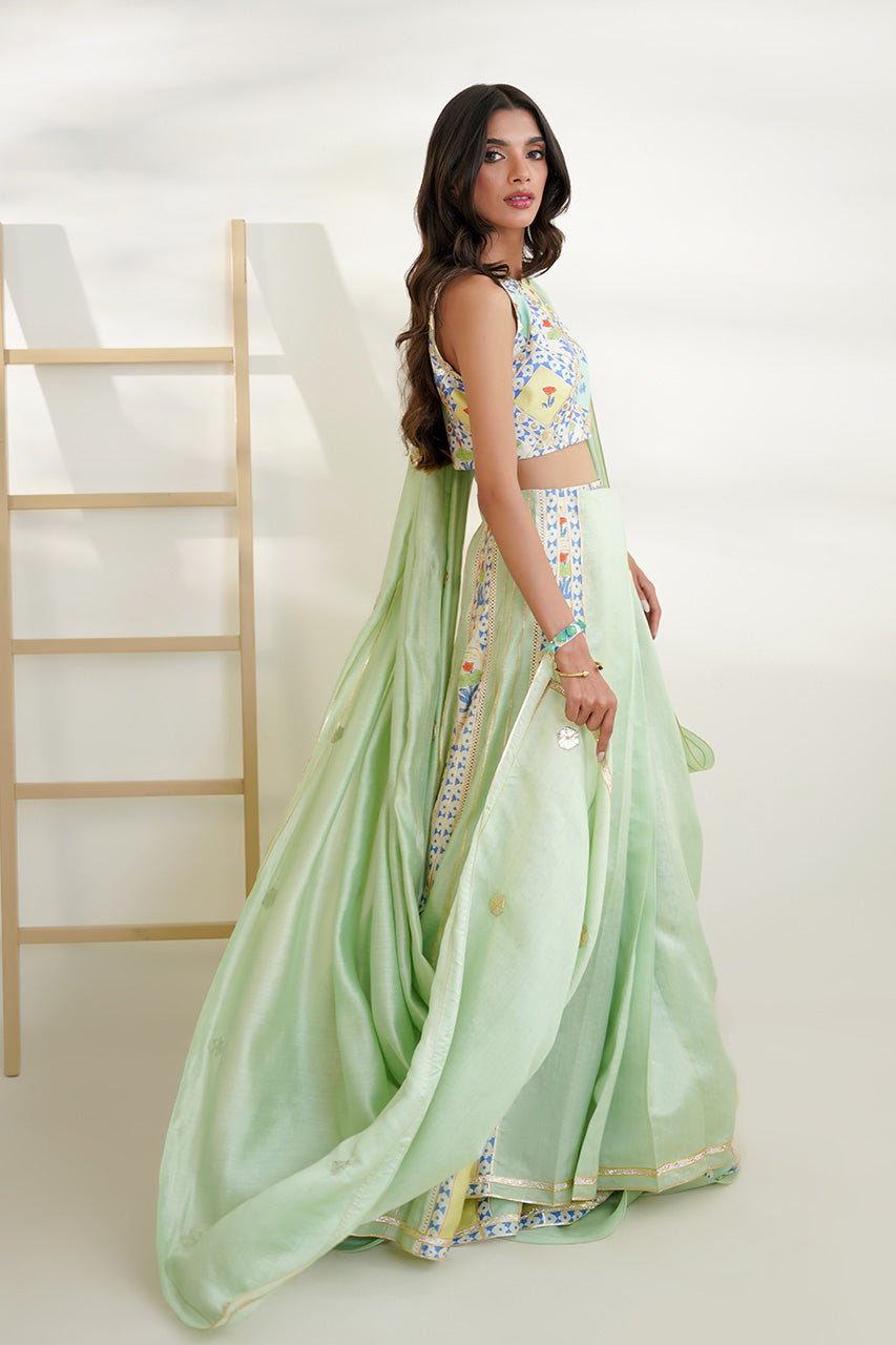 Pakistani Mint Gota Khaddi Silk Lehenga Set (3-Piece) - Image 5