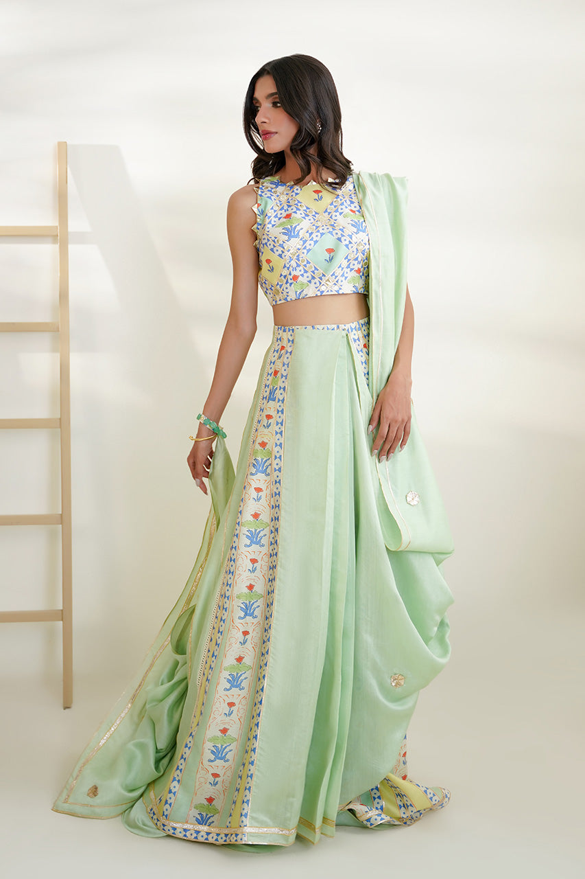 Pakistani Mint Gota Khaddi Silk Lehenga Set (3-Piece) - Image 6